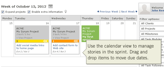Use the calendar view to manage stories in the sprint