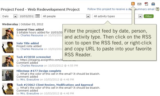 Manage projects online with project RSS feeds