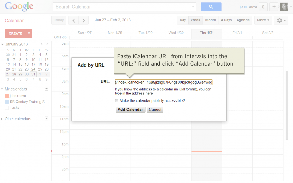 Paste the iCalendar URL from Intervals into Google Calendar
