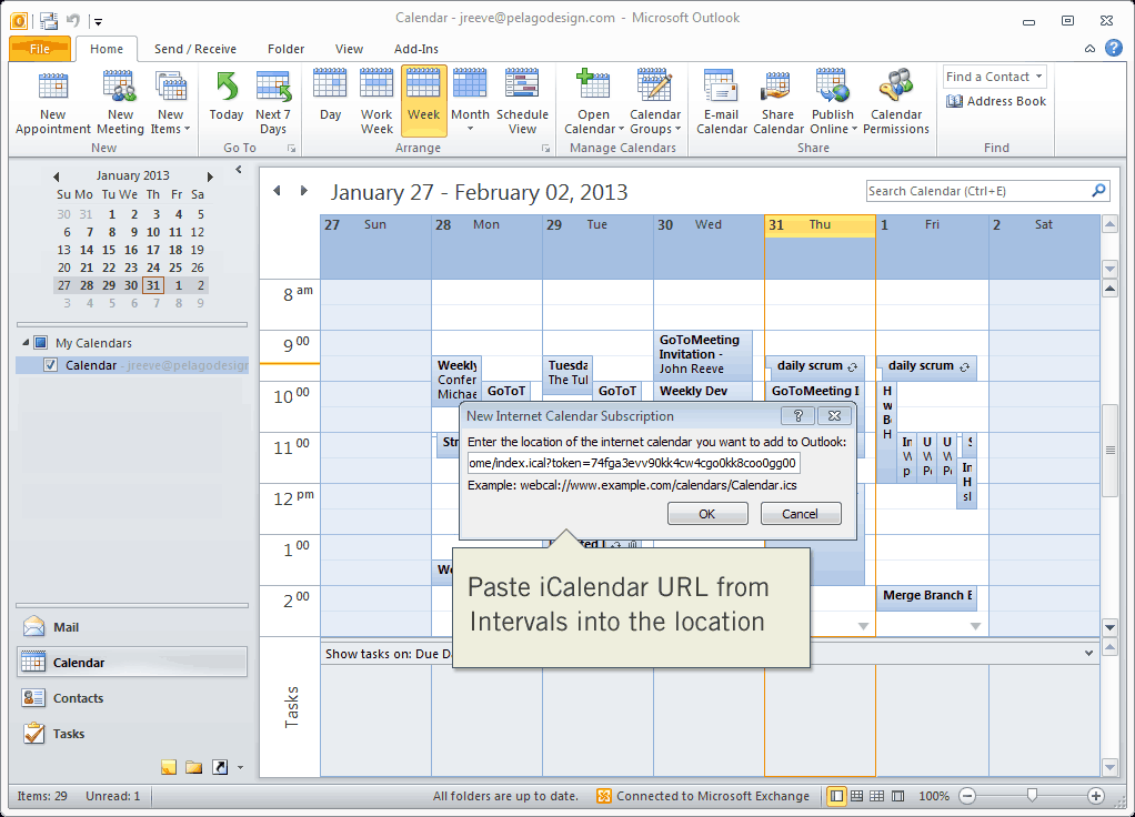 Paste iCalendar URL from Intervals into Outlook