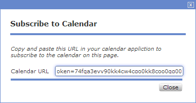 Lightbox window with the URL for your iCalendar subscription