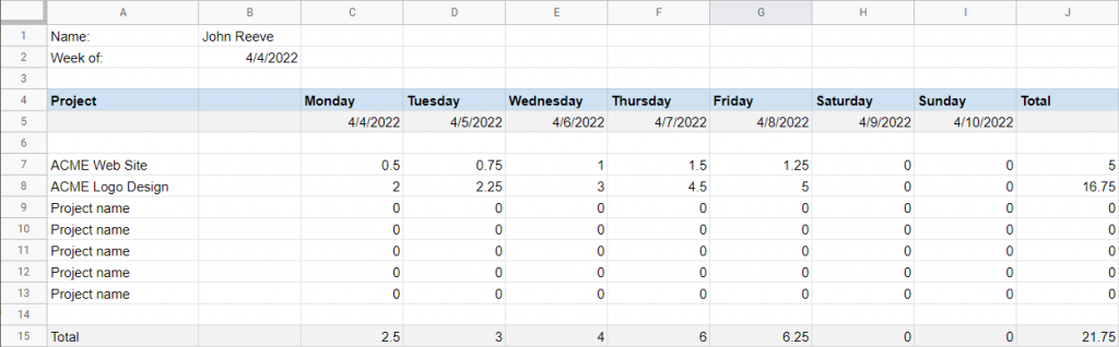 Project focused weekly timesheet