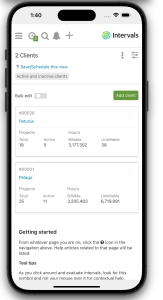 Screenshot of clients section of mobile app