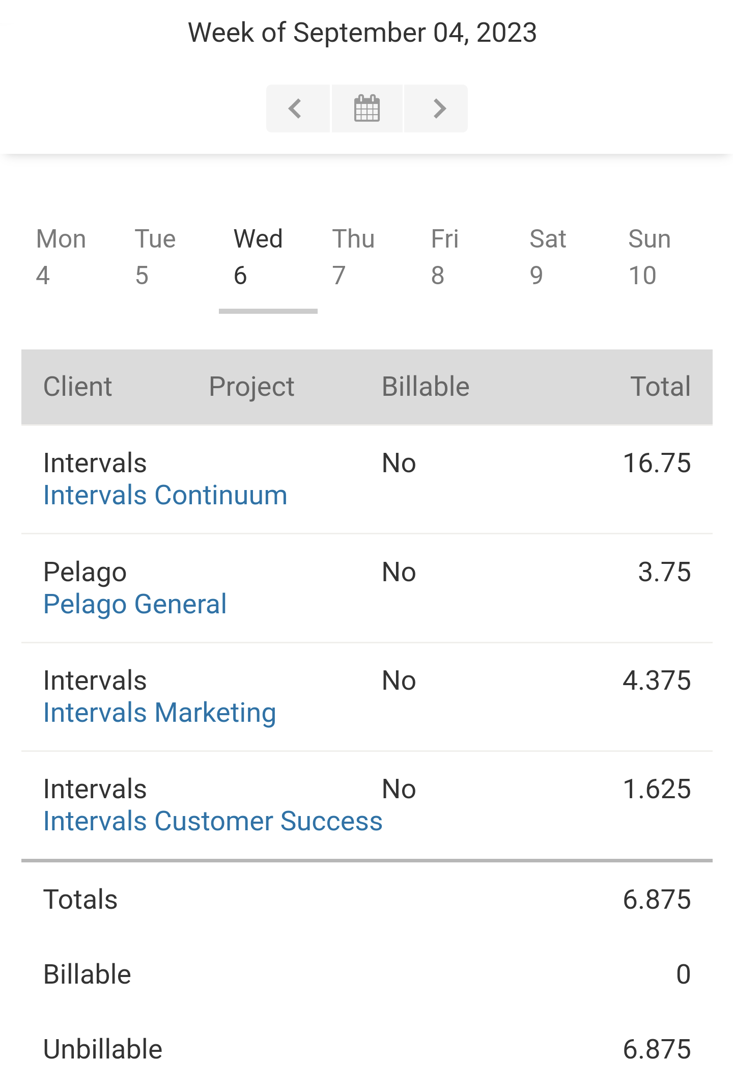 View of weekly timesheet from mobile app