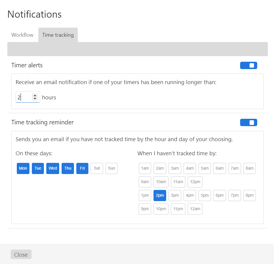 Screenshot showing time tracking notification options
