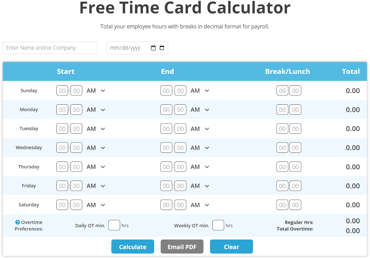 Free Time Card Calculator
